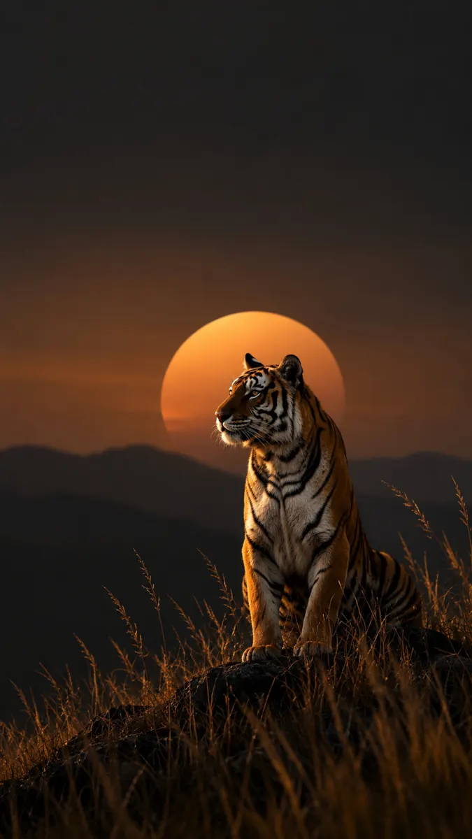 Ein Tiger sitzt bei Sonnenuntergang auf einem grasbewachsenen Bergrücken mit einer großen Sonne dahinter und dunklen Bergen in der Ferne.