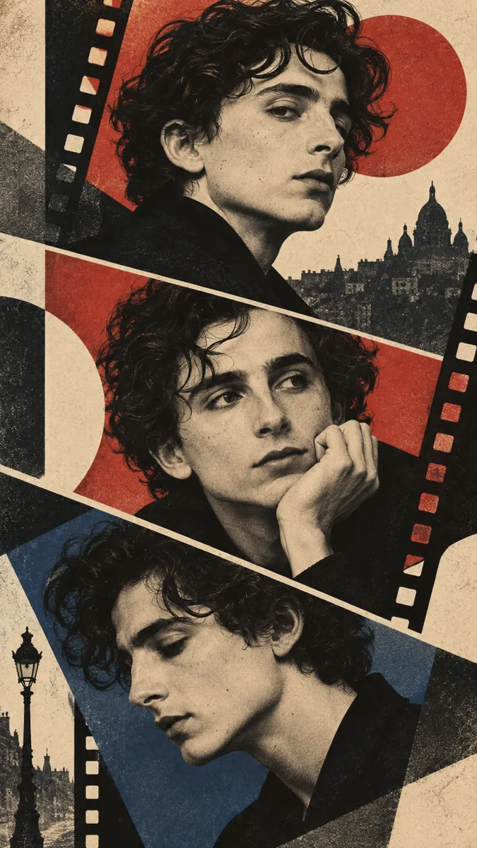 Kırmızı ve mavi geometrik şekiller ve Paris simgeleriyle çapraz bir kolaj şeklinde düzenlenmiş üç Timothee Chalamet portresi.