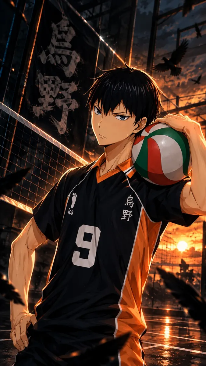 Tobio Kageyama met zwart haar draagt een zwart-oranje shirt met nummer 9 en houdt een volleybal vast op een veld.