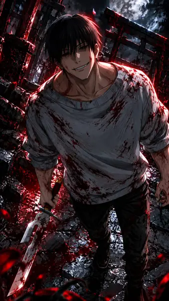 Toji Fushiguro بابتسامة شريرة، يرتدي قميصاً أبيض ملطخاً بالدماء ويمسك بنصل في بيئة مظلمة ذات إضاءة حمراء.