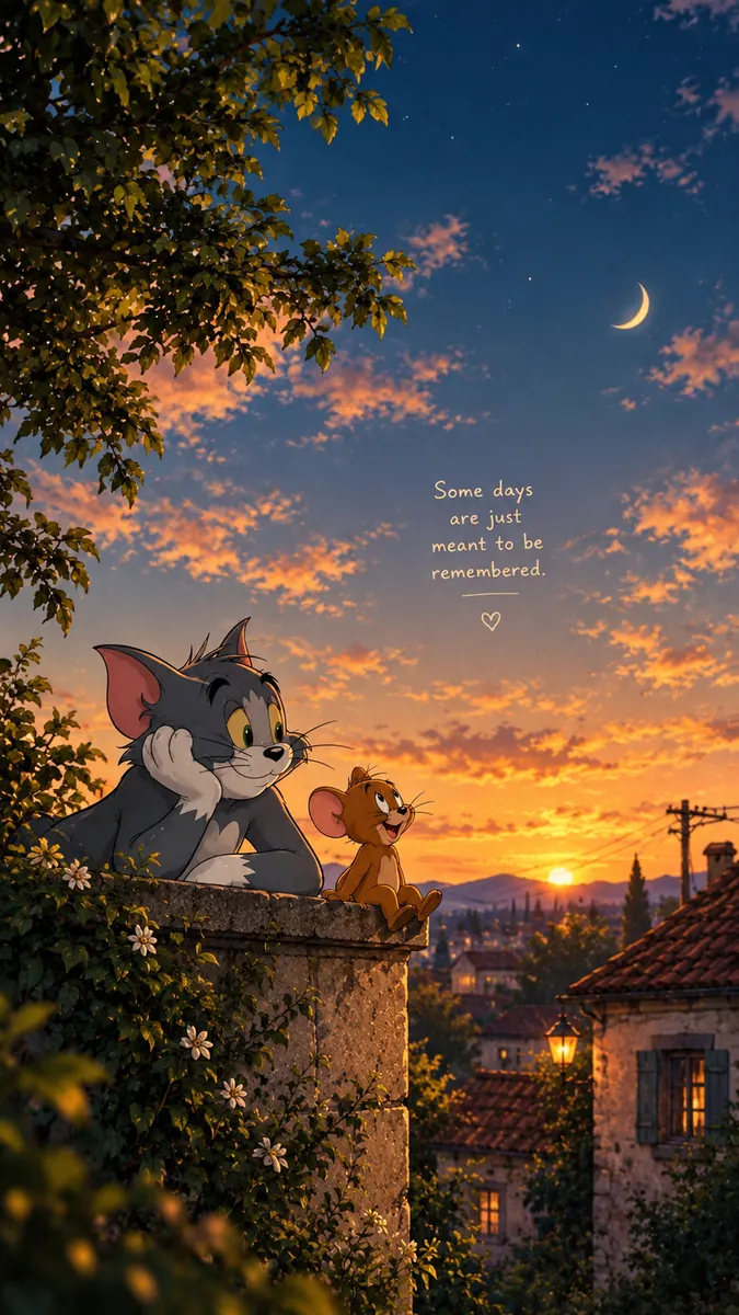 Tom the cat and Jerry the mouse sitting together on a stone wall at sunset with text above them.