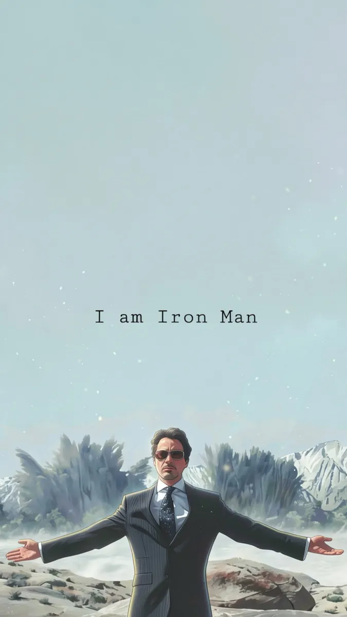 Tony Stark draagt een pak en zonnebril met wijd gespreide armen voor besneeuwde bergen met tekst boven hem