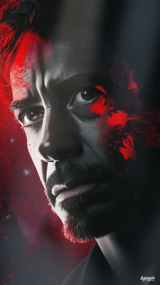Nahaufnahme-Porträt von Tony Stark mit Spitzbart, beleuchtet von hartem roten Licht vor einem dunklen Hintergrund.