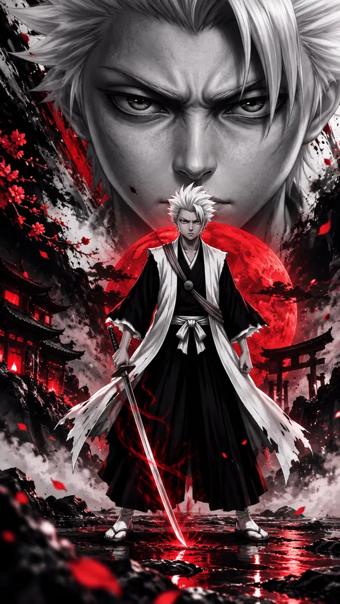 Тоширо Хицугая из Bleach стоит с мечом, в белом хаори поверх черного кимоно на фоне красной луны.