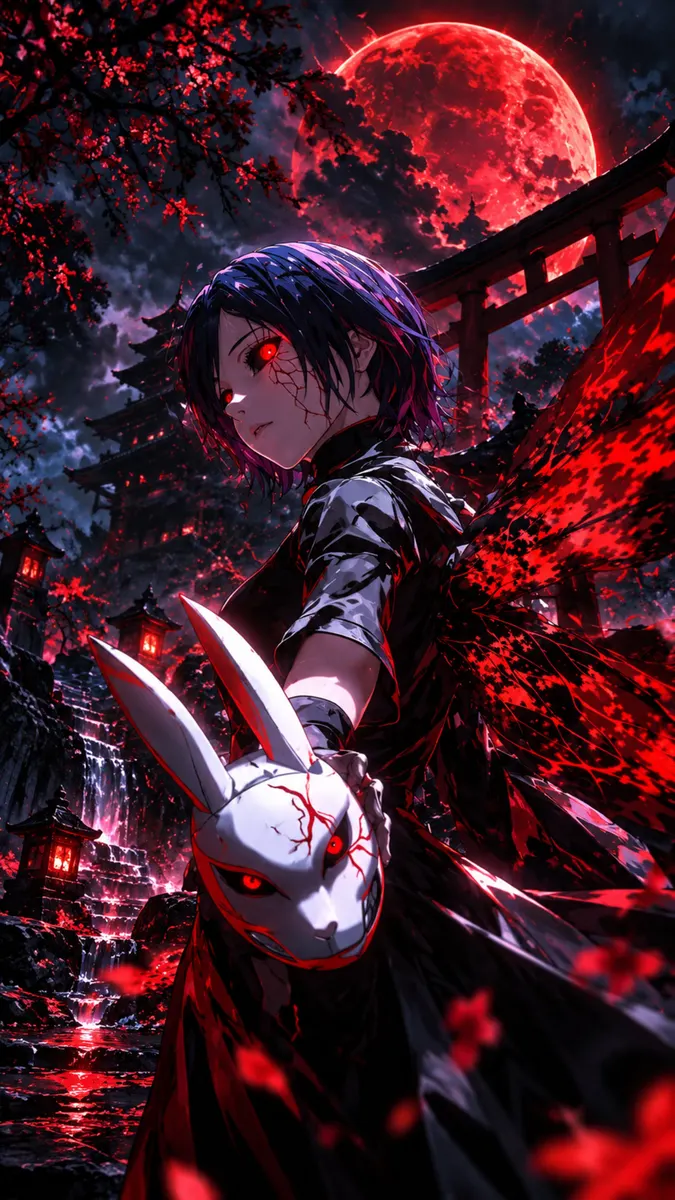 Touka Kirishima с короткими темными волосами и светящимися красными глазами держит белую маску кролика на фоне темного святилища.