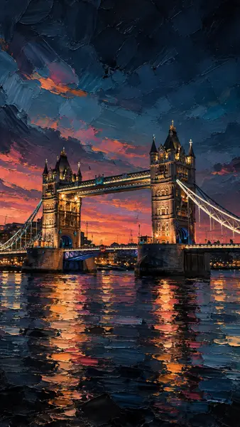 لوحة زيتية انطباعية لجسر Tower Bridge في لندن عند غروب الشمس مع ألوان برتقالية وزرقاء عميقة تنعكس على سطح الماء.