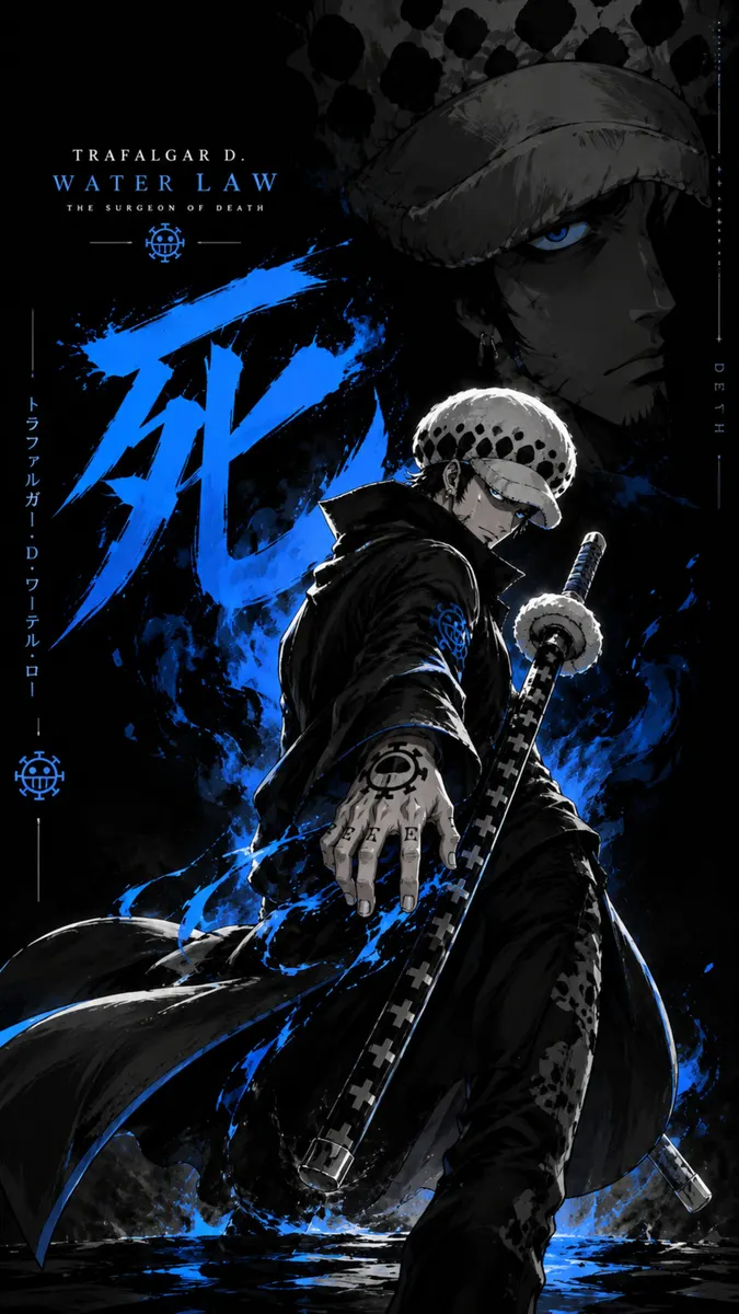Trafalgar D. Water Law con su sombrero moteado y abrigo negro sosteniendo su espada con un fondo azul brillante.