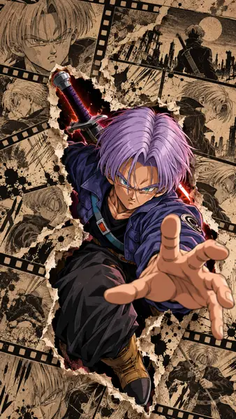 Trunks aus Dragon Ball Z mit lila Haar und einem Schwert streckt die Hand aus, vor einem Hintergrund aus zerrissenen Manga-Panels.