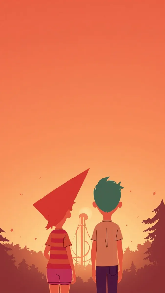 Dos personajes de dibujos animados vistos desde atrás, uno con un sombrero de cono rojo, mirando una montaña rusa durante un atardecer.