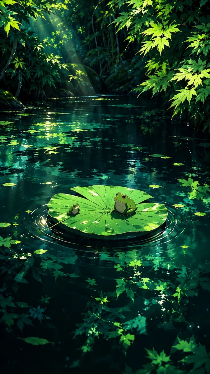 Dua katak hijau duduk di atas daun teratai bulat besar yang mengapung di kolam hutan gelap yang dikelilingi oleh daun maple.