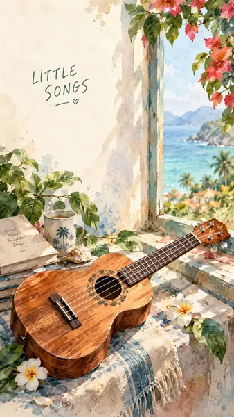 Un ukulele de madera sobre el alféizar de piedra de una ventana junto a un libro y una taza con palmeras, con una vista tropical del océano al fondo.