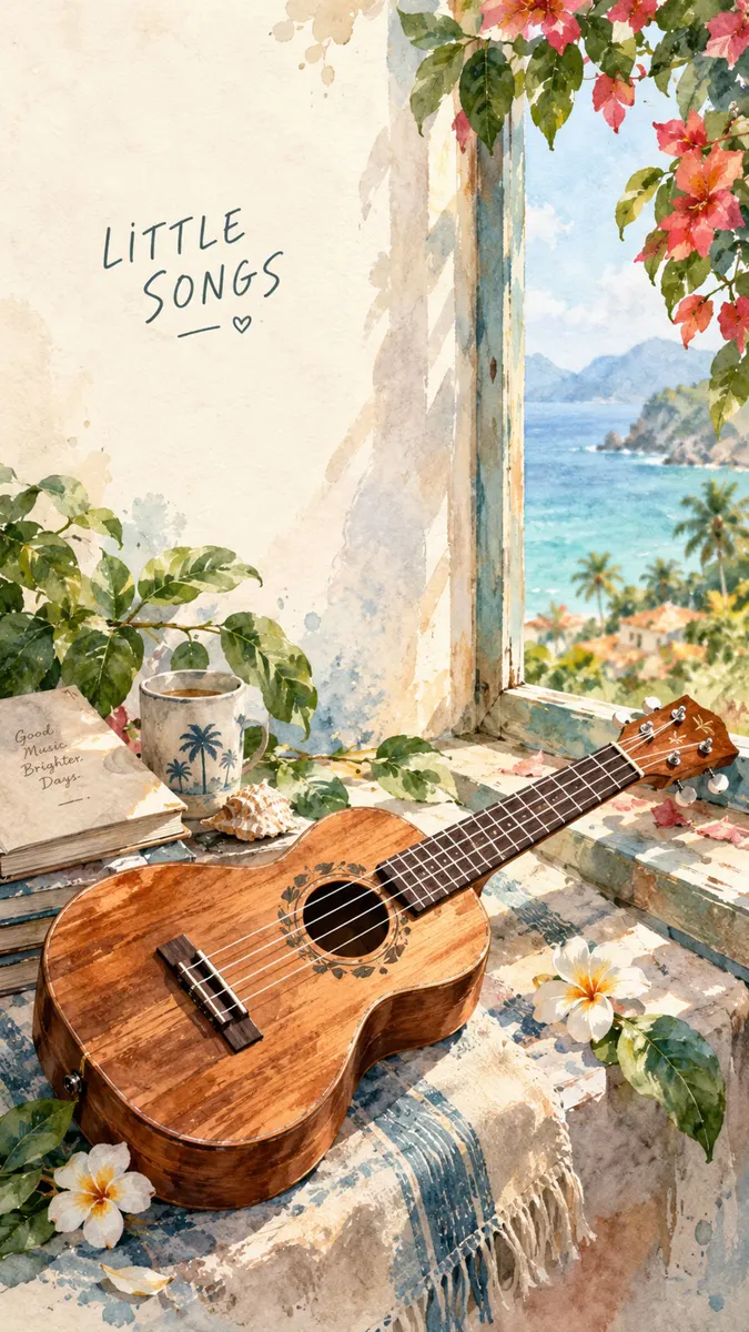 Ukulele kayu duduk di ambang jendela batu di sebelah buku dan cangkir pohon palem, dengan pemandangan laut tropis di luar.