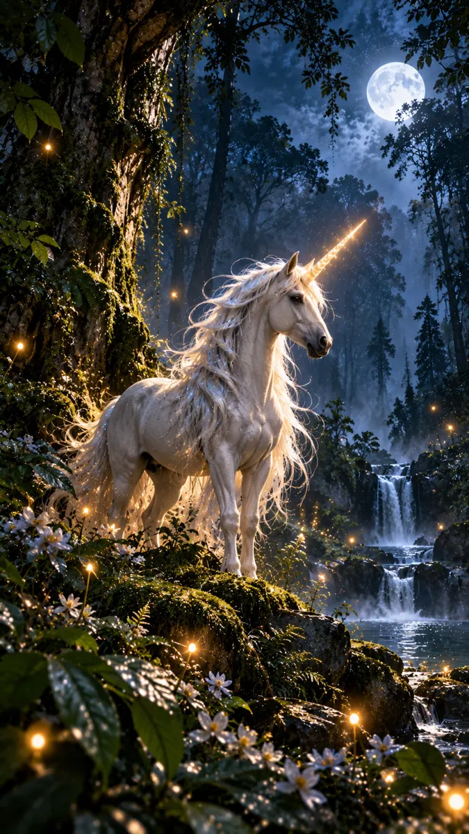 A white unicorn with a long flowing mane and a glowing horn standing in a dark forest near a waterfall at night.