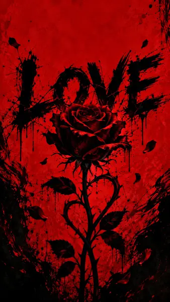 Satu mawar merah tua dengan batang berbentuk hati dengan latar belakang merah bertekstur dengan kata LOVE yang ditulis dengan tinta hitam.