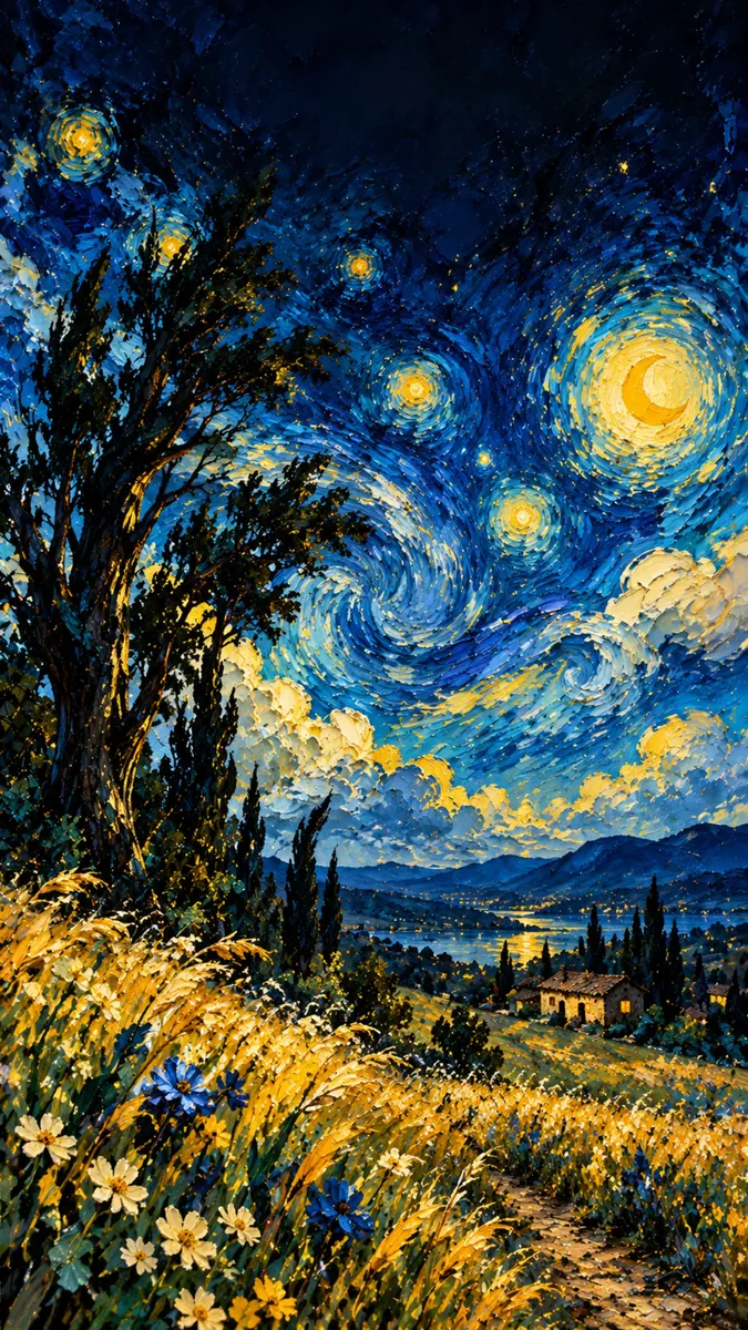 مشهد طبيعي بأسلوب الرسم الزيتي مع سماء ليلية زرقاء داكنة دوارة، وهلال، وحقول قمح ذهبية، وأشجار سرو طويلة.