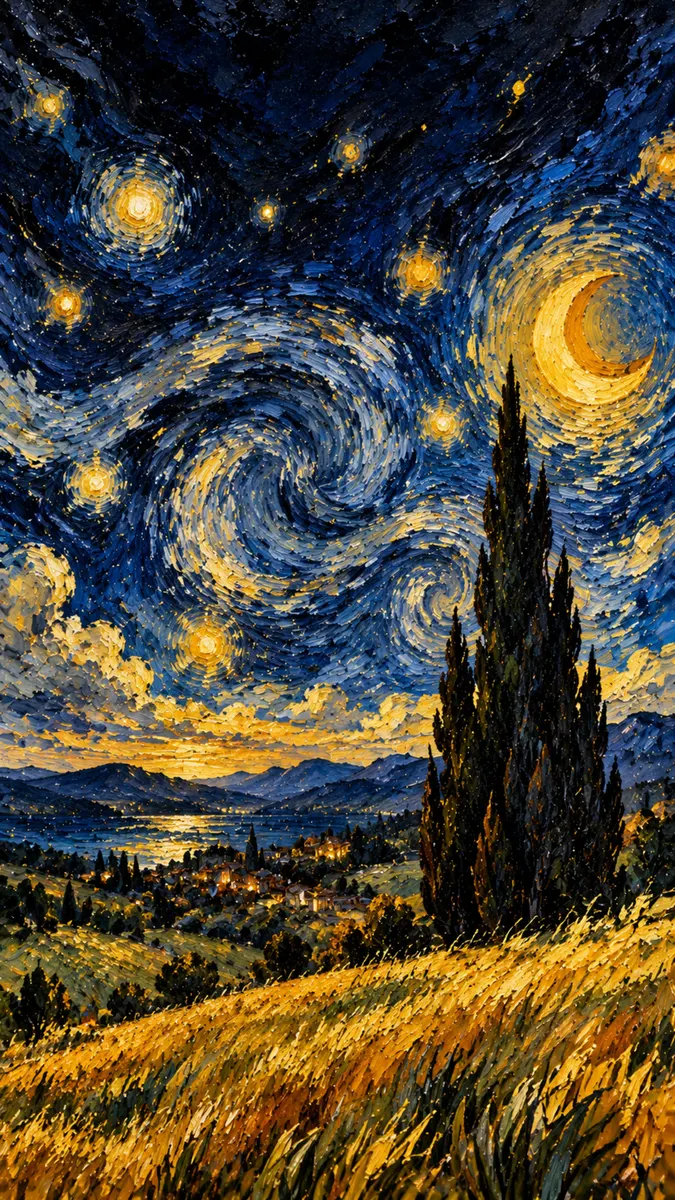 مشهد طبيعي بأسلوب الرسم الزيتي مع سماء ليلية زرقاء داكنة دوامية، وهلال أصفر، وشجرة سرو طويلة وداكنة في المقدمة.