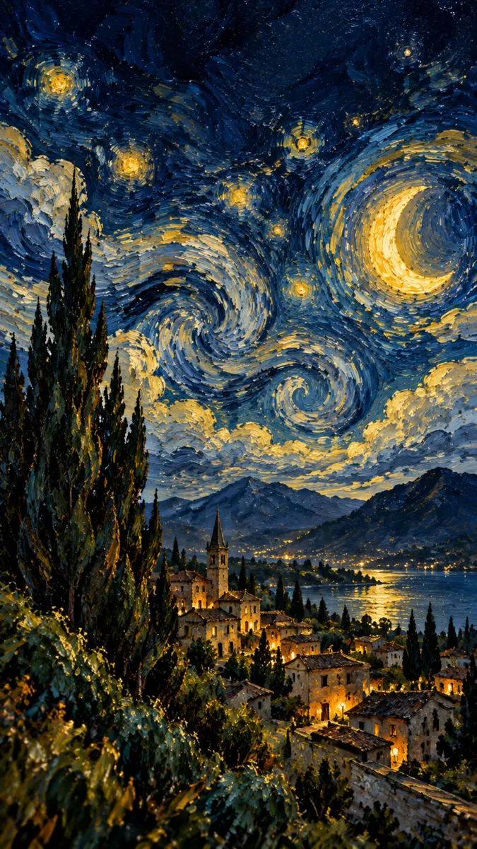 Oil painting style landscape with a tall cypress tree in the foreground and a swirling starry night sky above a village.