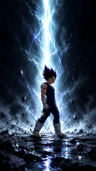 Vegeta debout avec une aura d'éclairs bleus dans un environnement rocheux sombre avec des cheveux en pointe et une armure bleue