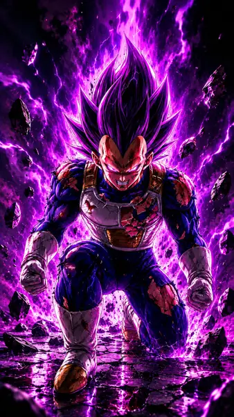 Vegeta à genoux dans une tenue de combat endommagée avec une aura violette brillante et des débris flottants autour de lui.