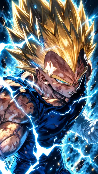Vegeta avec des cheveux blonds en pointe et une chemise bleue déchirée entouré d'éclairs bleus crépitants et de rochers flottants