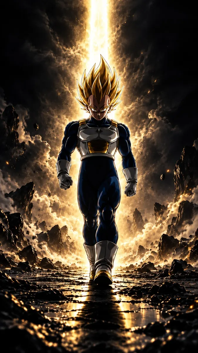 Vegeta with spiky golden hair and blue and white armor walking toward the viewer through a dark rocky landscape with bright light.