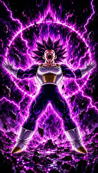 Vegeta sous sa forme Ultra Ego avec des cheveux hérissés et des yeux brillants, entouré d'une grande aura d'énergie circulaire violette et de rochers flottants.