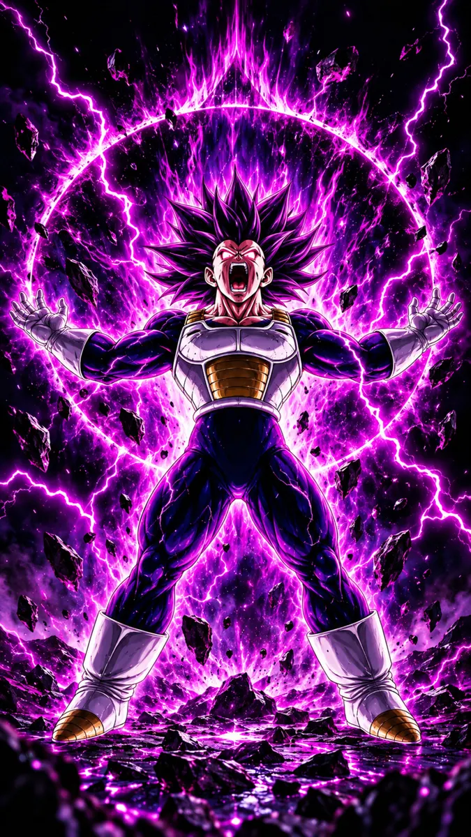 Vegeta sous sa forme Ultra Ego avec des cheveux hérissés et des yeux brillants, entouré d'une grande aura d'énergie circulaire violette et de rochers flottants.
