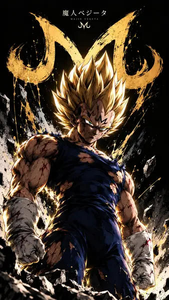 Majin Vegeta mit stacheligen blonden Haaren und einem dunkelblauen Anzug steht inmitten von Trümmern mit einem goldenen M-Symbol über ihm.