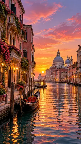 Una gondola ormeggiata in un canale di Venezia al tramonto con edifici storici e la cupola di Santa Maria della Salute in lontananza.