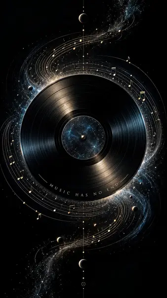 Eine schwarze Vinyl-Schallplatte, die im Weltraum schwebt, umgeben von leuchtenden Musiknoten, Sternen und kleinen Planeten vor einem dunklen Hintergrund.
