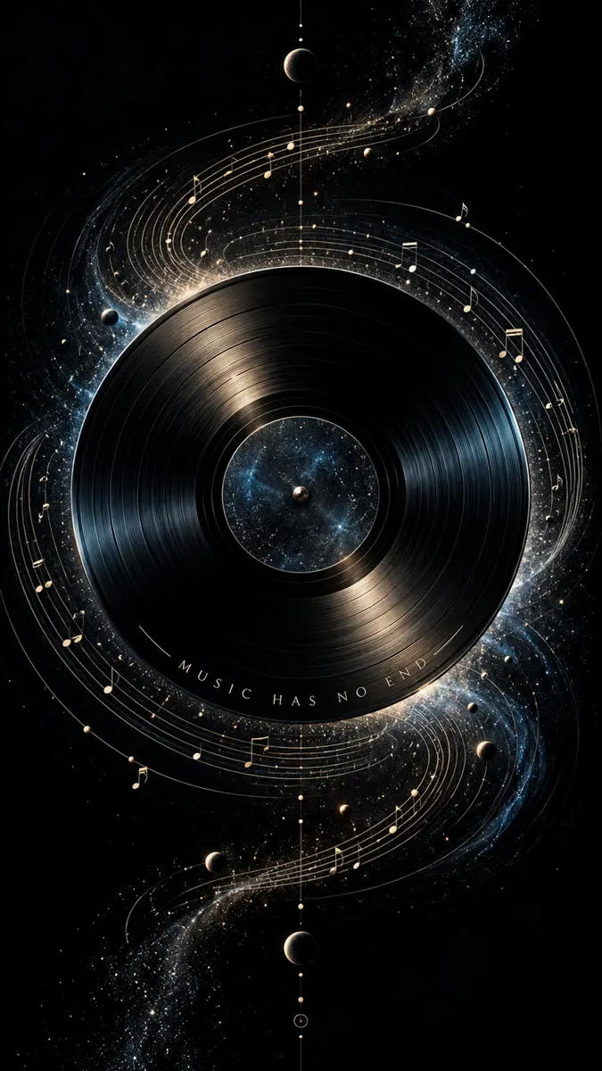 Piringan hitam vinil hitam mengambang di luar angkasa dikelilingi oleh not musik yang bersinar, bintang, dan planet kecil dengan latar belakang gelap.