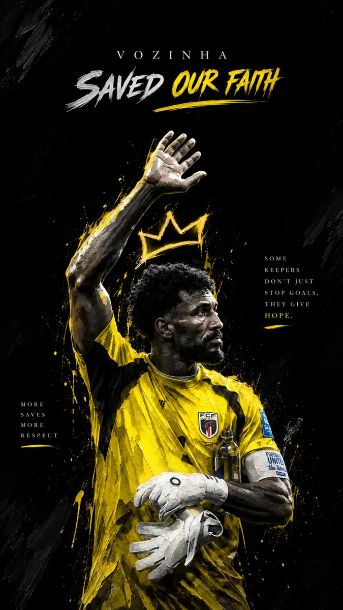 Le gardien Vozinha portant un maillot jaune avec des gants blancs, levant une main avec une illustration de couronne au-dessus de sa tête.
