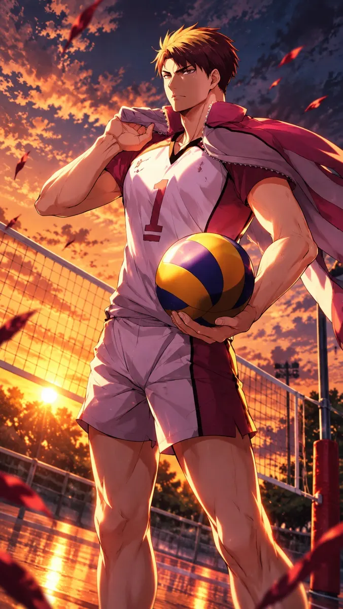 Wakatoshi Ushijima de Haikyuu de pie en una cancha de voleibol al atardecer sosteniendo un balón con una chaqueta sobre el hombro