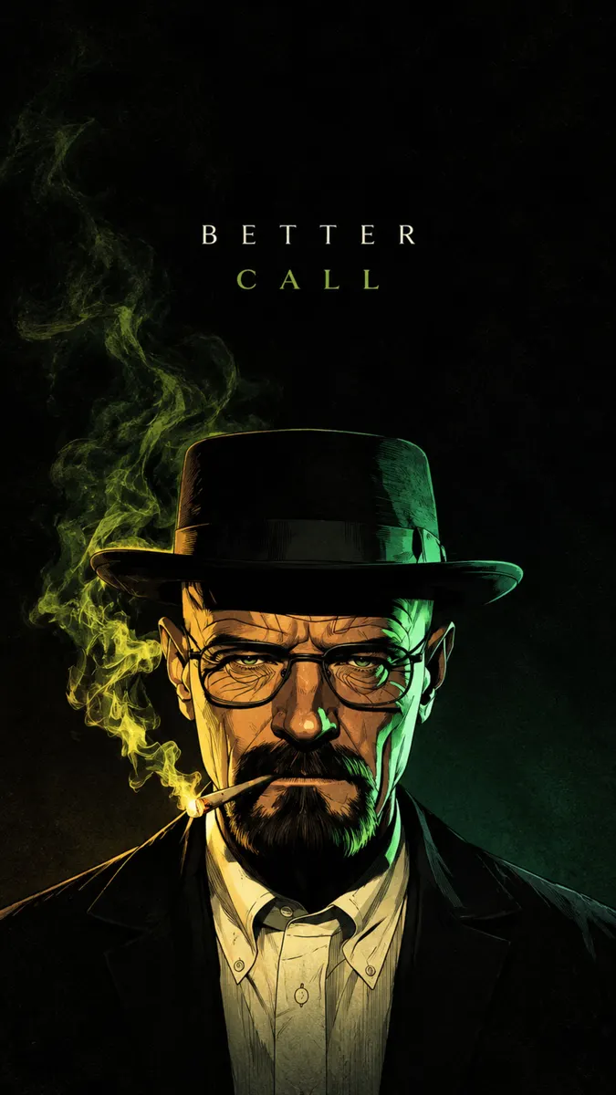 Retrato del personaje Walter sombrero negro y gafas con humo verde saliendo de un cigarrillo sobre un fondo oscuro