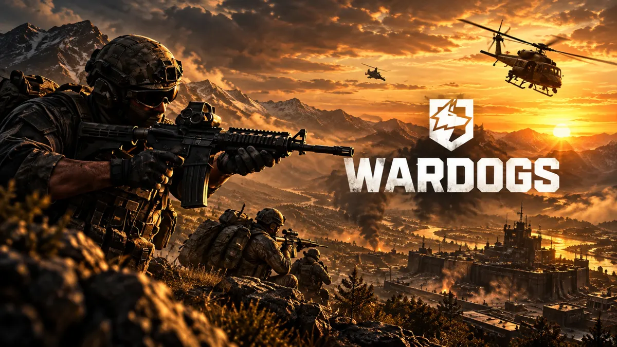 Soldiers with rifles looking over a valley at sunset with a helicopter flying above and the Wardogs logo visible in the sky