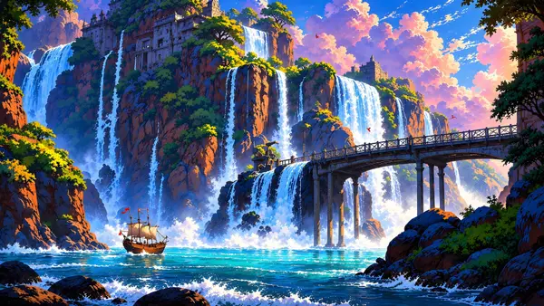 خلفية خلفية شلال وجرف وجسر وسفينة شراعية wallpaper