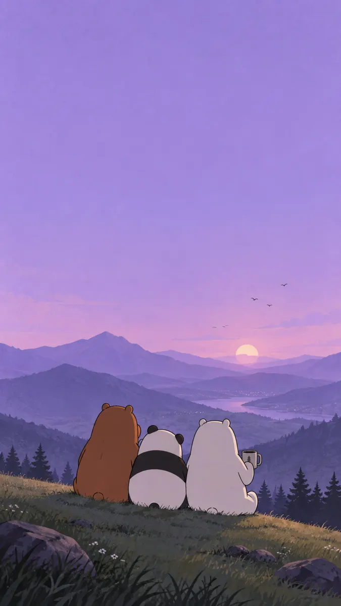 Grizz, Panda y Ice Bear sentados en una colina de hierba mirando un atardecer púrpura sobre las montañas.