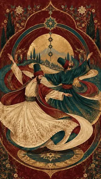 Dua pria berjubah Sufi tradisional dan topi tinggi berputar dengan tangan terangkat dalam ilustrasi artistik dekoratif.