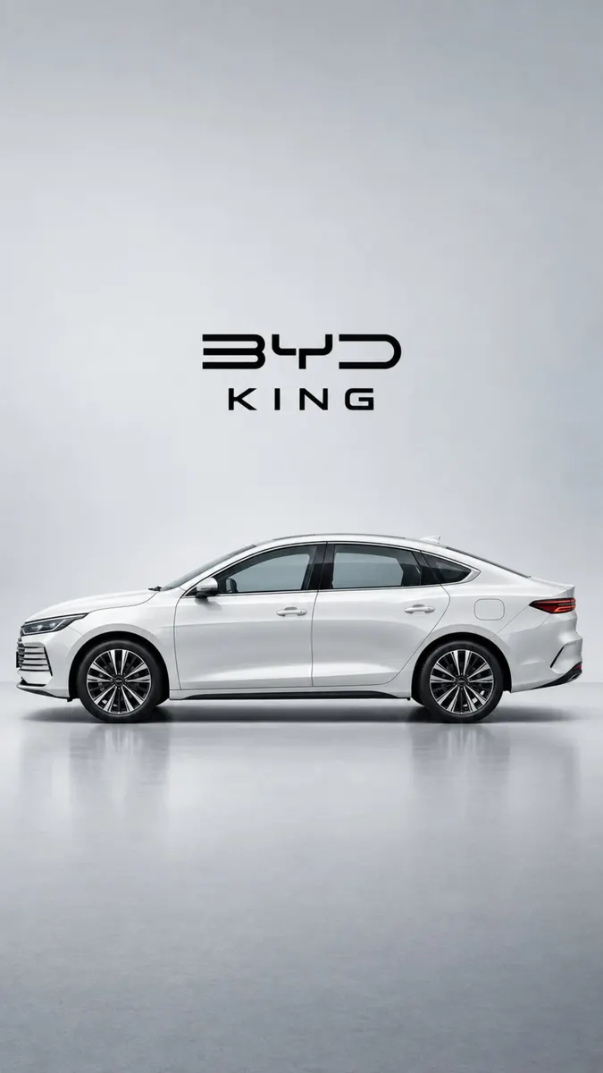 Vista lateral de un sedán BYD King blanco estacionado en un suelo reflectante con el logotipo de la marca encima.