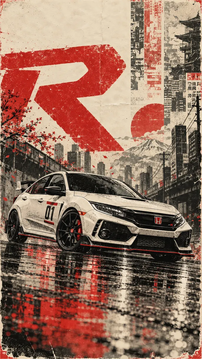 Coche deportivo Honda Civic Type R blanco estacionado en una carretera mojada con un gráfico R rojo grande y fondo de ciudad.