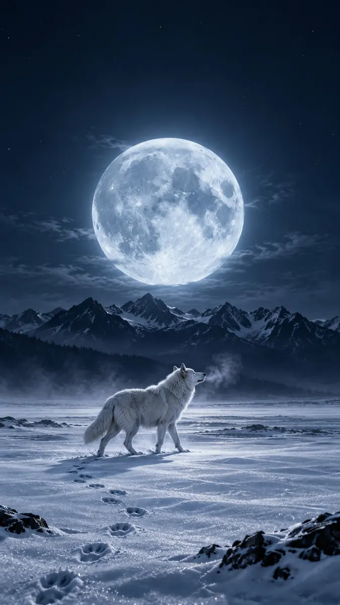 Um lobo branco caminhando pela neve profunda com respiração visível no ar frio sob uma lua cheia brilhante e montanhas escuras.