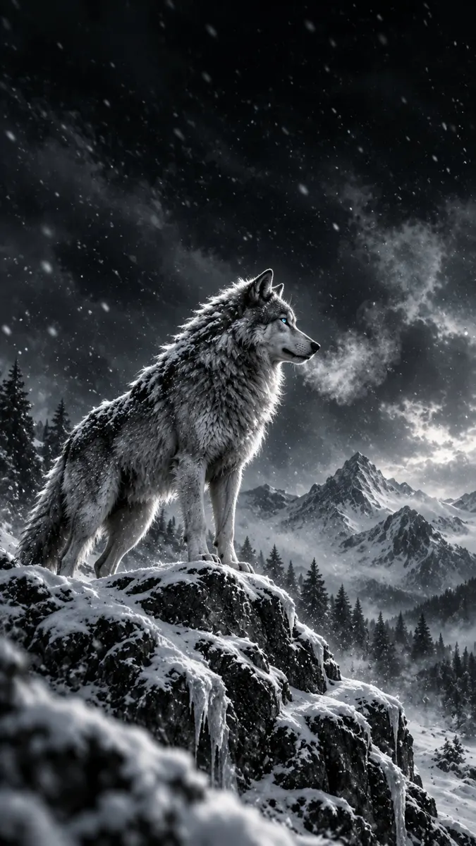 Un lobo gris de pie sobre un acantilado rocoso cubierto de nieve con montañas y pinos bajo un cielo oscuro y nevado.