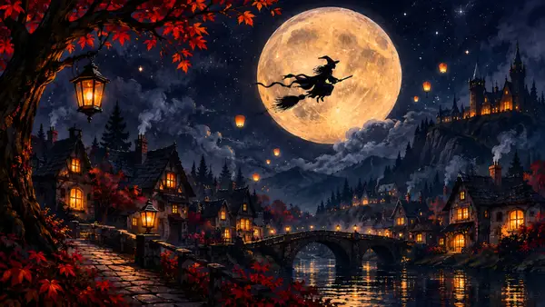 La silhouette di una strega vola su una scopa davanti a una luna piena gigante sopra un villaggio fantasy con finestre luminose.