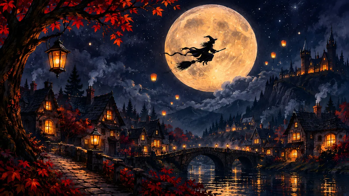 La silhouette di una strega vola su una scopa davanti a una luna piena gigante sopra un villaggio fantasy con finestre luminose.