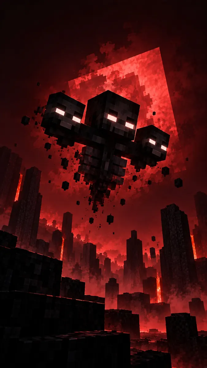 Kırmızı bir gökyüzü altında karanlık, yıkılmış bir şehrin üzerinde süzülen üç parlayan beyaz gözlü Minecraft Wither patronu
