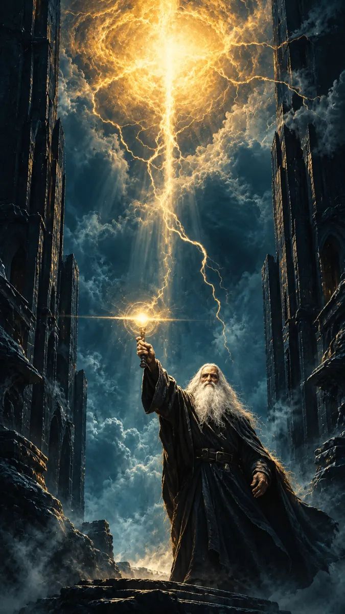 Un vieux magicien avec une longue barbe blanche tenant un bâton lumineux vers un éclair brillant entre des tours en pierre sombres.