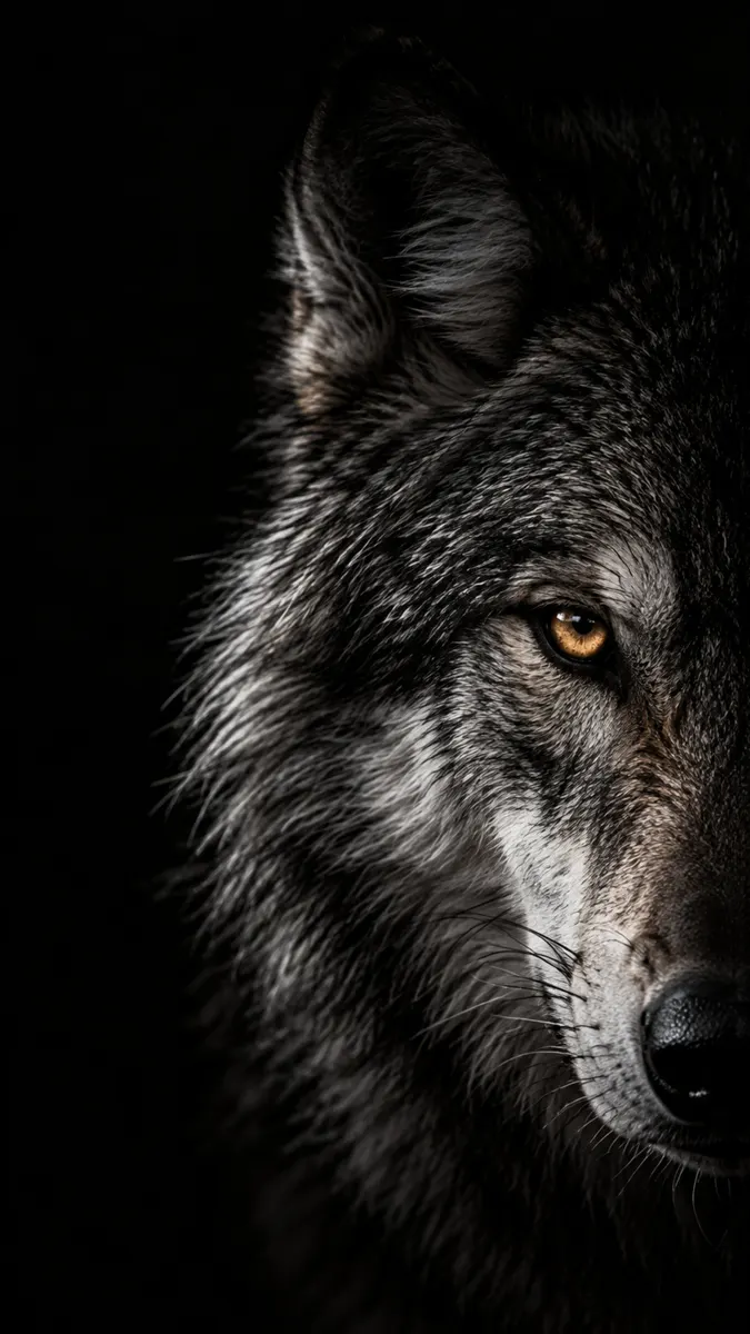 Close-up do rosto de um lobo cinzento com textura de pelo detalhada e um olho âmbar brilhante em um fundo preto