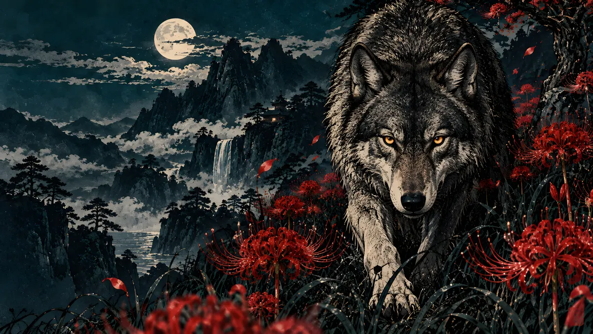 Un loup gris aux yeux marchant à travers des lys araignées rouges devant un paysage de montagne au clair de lune avec une cascade.