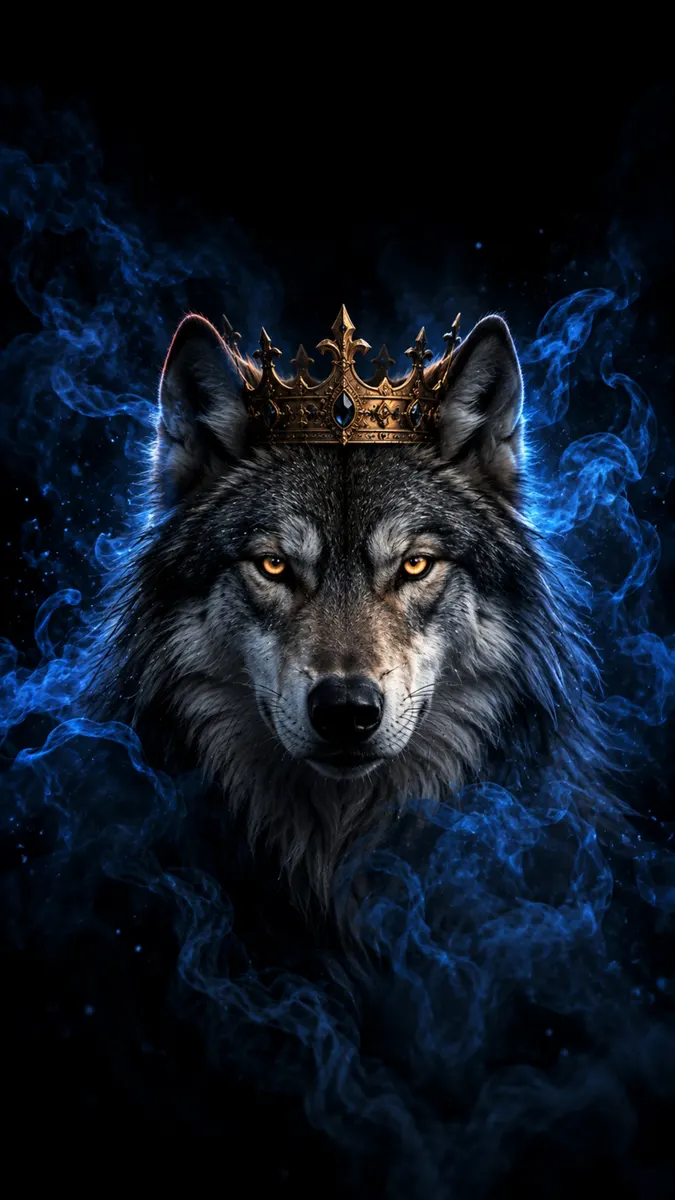 Ein Nahaufnahme-Porträt eines grauen Wolfs, der eine goldene Krone trägt, mit blauem Rauch, der um seinen Kopf wirbelt.