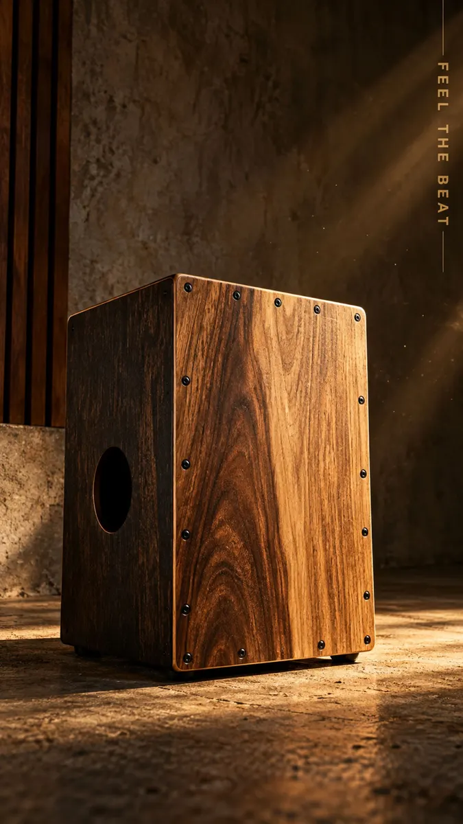 Een bruin houten cajon-percussie-instrument met zichtbare schroeven op een stenen vloer onder warm zonlicht.